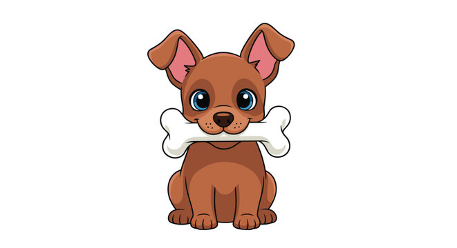 A cute brown puppy with big blue eyes holds a white bone in its mouth.