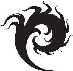 Black abstract swirling flame shape on white background