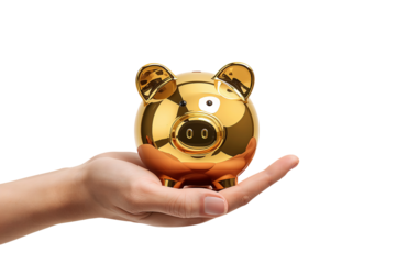 Hand holding a shiny golden piggy bank, symbol of savings, wealth, financial growth, and investment security, representing money management and future prosperity on isolated background
