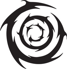 Black abstract swirling sharp pointed shapes forming a spiral