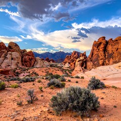 Fototapeta premium Vivid canyon scene with vibrant rock formations under a dramatic sky
