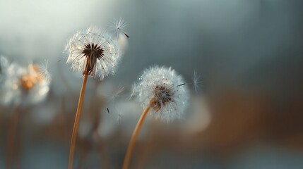 Delicate dandelions release seeds on a gentle breeze, capturing a moment of natural beauty and hopeful beginnings in soft, ethereal light.