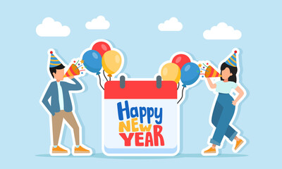 Man and woman wearing party hats blowing trumpets together near a calendar with Happy New Year text and colorful balloon ornaments illustration of appreciation for New Year celebration