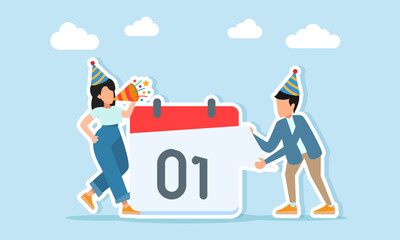 Man wearing hat trying to tear calendar to switch to a new date while woman with party hat blowing trumpet illustration of appreciation for New Year celebration