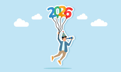 Man wearing hat looking through telescope while hanging from balloons with 2026 text illustration of appreciation for New Year celebration