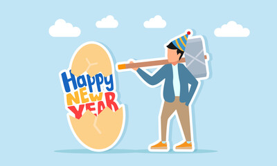 Man wearing party hat holding a big hammer near an egg with Happy New Year text illustration of appreciation for New Year celebration
