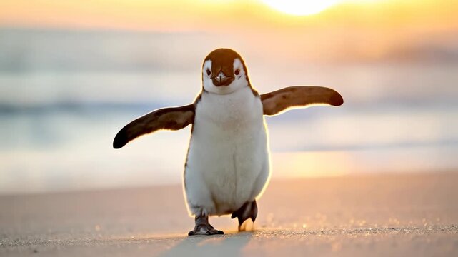 Adorable baby penguin waddles on a sandy beach at sunset.