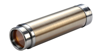Precision Optical Instrument: Sleek Brushed Gold Metal Cylinder with Chrome Accents and Lens, Isolated on Black Background &ndash; High-Tech Design Element