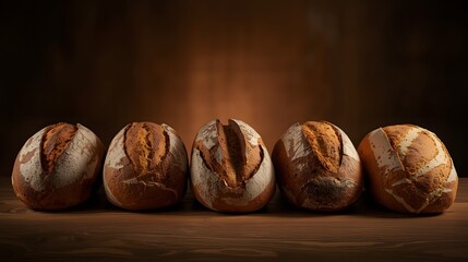 Artisanal sourdough loaves arranged in a warm rustic setting, showcasing golden crust texture and craft baking detail on a wooden surface under dramatic light