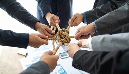 Collective Effort Integration and Unity with teamwork concept as a business metaphor for joining a partnership synergy and cohesion as diverse ropes connected together in interdependence.