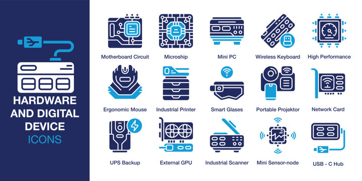 Hardwere and Digital Device icon set. Containing network, internet, electronic, laptop, data and more. Solid vector icons collection. Vector illustration.