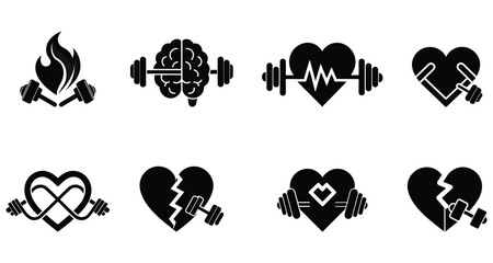 Heart and Dumbbell Icons Set Fitness, Gym, Workout, Love, and Motivation Vector Illustration