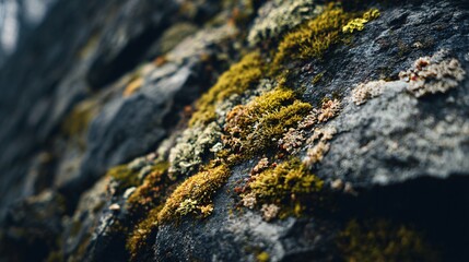 Vibrant moss and lichen flourish on rugged dark stone, showcasing nature's intricate textures and resilience in a close-up macro view