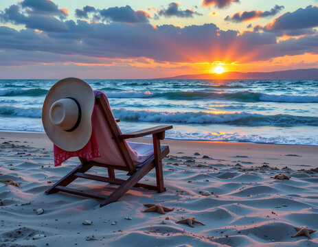 Twilight Seaside Scene with Cozy Beach Chair and Sunset
