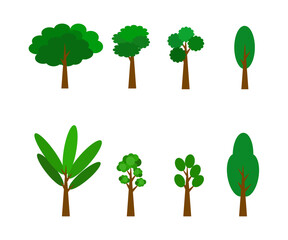 Set of cartoon vector trees in various shapes and green tones. Eight different tree designs with brown trunks and leafy crowns arranged on a white background. Suitable for eco projects, nature illustr