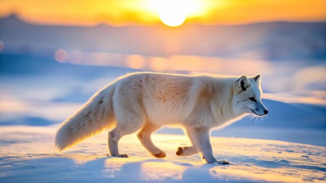 Majestic Arctic Fox Walking Through Snowy Landscape at Golden Sunset.