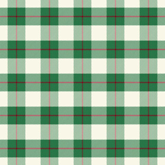 Plaid with twill weave repeat pattern for Christmas, winter.Gingham seamless pattern with stripes in green white red.Checkered tartan vector background design for fabric and prints.