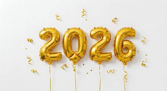 Golden foil balloons forming the number 2026 with festive confetti on a white background.