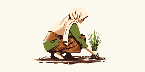 Stylized illustration of a woman in a hijab planting young green seedlings in rich soil, symbolizing agricultural labor, growth, and sustainable farming practices