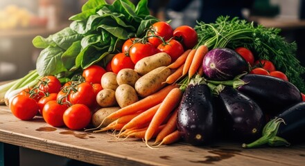 A vibrant display of freshly harvested vegetables on a rustic wooden surface capturing culinary
