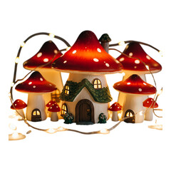 Set of red fantasy mushroom houses decorated with lights and snow, symbolizing cheerful Christmas fairyland celebration