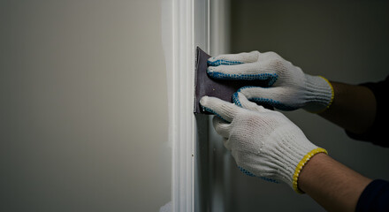Close-up shots of a painter’s gloved hands applying tape along wall edges before painting. Depicts meticulous preparation and attention to detail in interior renovation work.