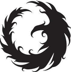 Black swirling abstract feather like design circular