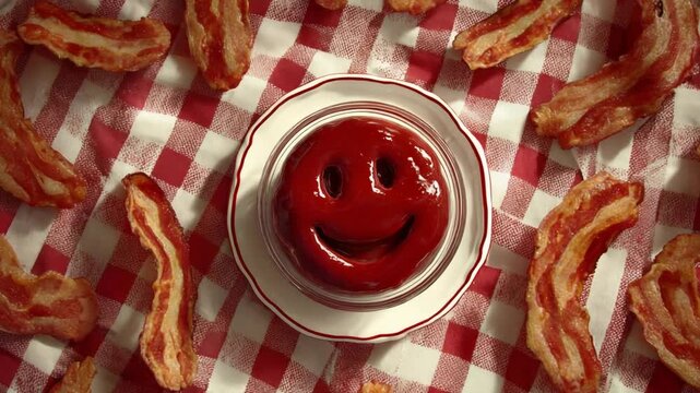 Happy Ketchup Face Surrounded by Crispy Bacon on a Red Gingham Table.