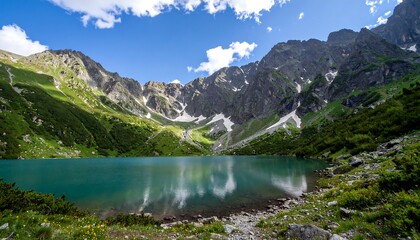 Serene Mountain Lake Under Bright Sky, Capturing Scenic View