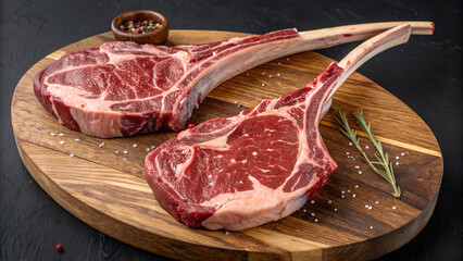 raw halal tomahawk beef steak pieces on a wooden board