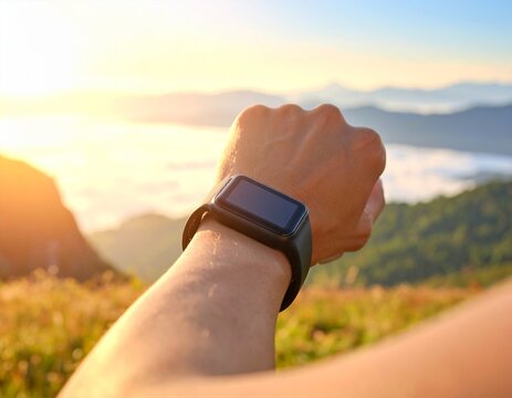 Person checking smart watch on mountain peak at sunrise, enjoying outdoor activity and checking fitness tracker during scenic hike
