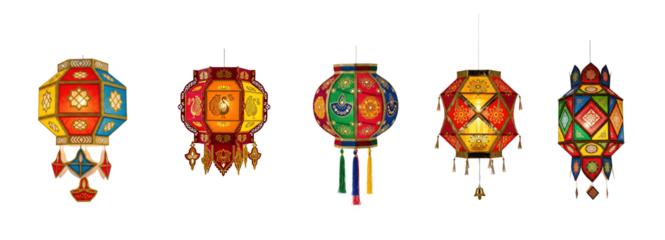 A collection of colorful lanterns hanging from the ceiling.