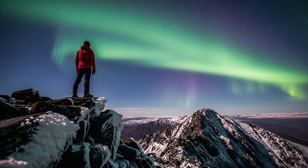 Obraz premium Person standing on snowy mountain peak overlooking northern lights at night