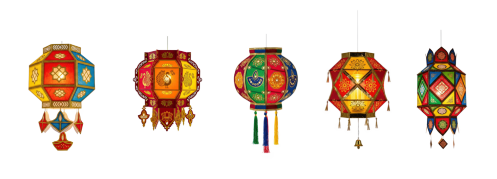 A collection of colorful lanterns hanging from the ceiling.