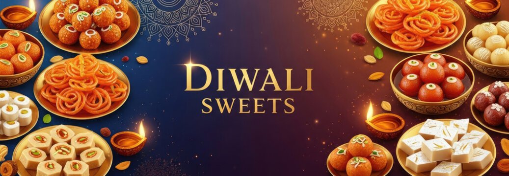 A festive Diwali sweets display with traditional Indian sweets like jalebis, kaju katli, and ladoos.