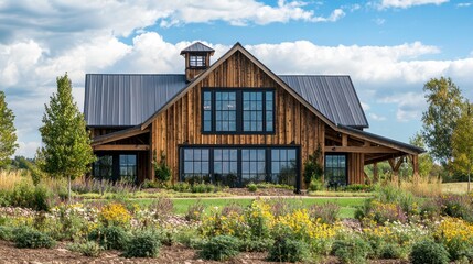 Obraz premium A rustic barn with a metal roof and large windows, set against a wide open rural landscape