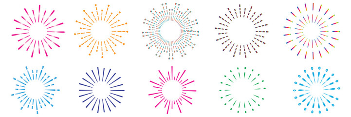 Colorful Radial Firework Icons ? Line Firecrackers and Sparkling Starburst Vector Set.Celebration Fireworks Vector Set.Festive Firework Icons..eps