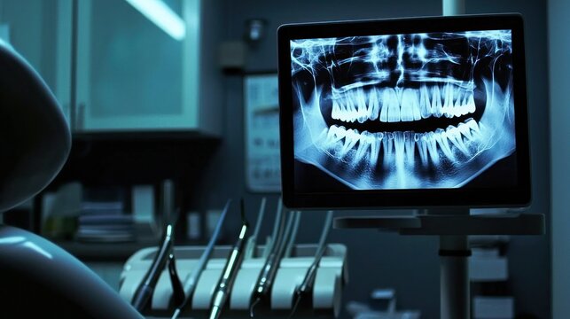 A dentist chair with a digital display screen in the background showing the patient x-rays or dental charts.