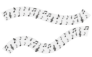 Flowing Music Notes Wave Background.Musical Sound Wave with Notes Vector Illustration.Harmonic Sound Wave of Musical Notes..Curved Line of Music Notes Flowing Melody..eps