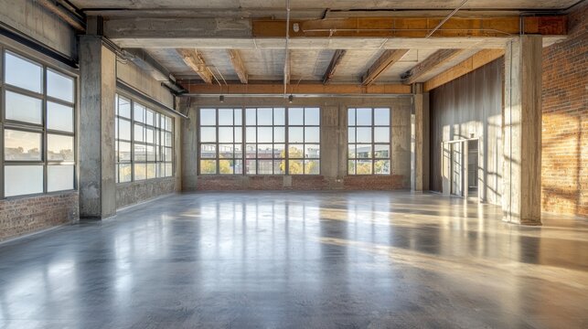 The interior of an industrial loft apartment with concrete floors, large windows, and open space.