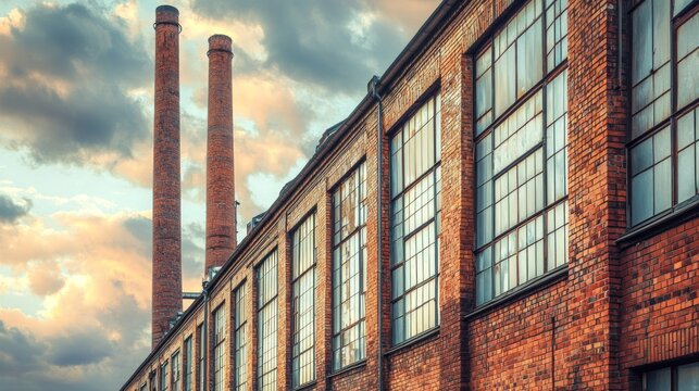 Exterior of an old brick factory with large windows and smokestacks against a cloudy sky.
