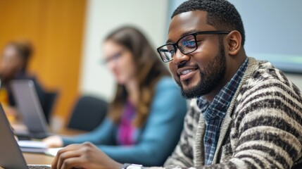 A student attending a virtual classroom on a laptop, taking notes while the teacher explains on the screen