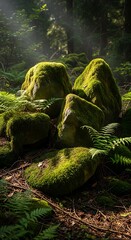 Mystical woodland ambiance with mossy boulders and radiant sunlight shafts