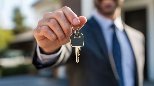 A family in front of their new home, holding keys and celebrating their mortgage loan approval - Powered by Adobe