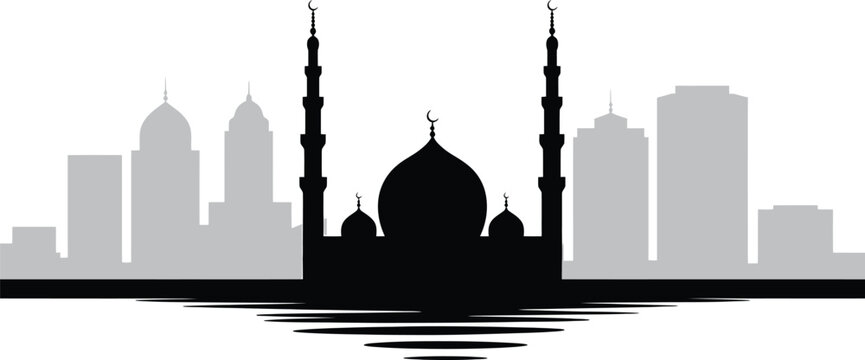 Mosque building silhouette reflection illustration design vector on transparent