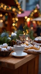Fototapeta premium Cozy outdoor christmas market with hot cocoa and festive pastries on a wooden table