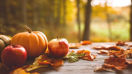 On the table are pumpkins, apples, and autumn leaves, showcasing the beautiful natural scenes of fall. It is a joyful and mouth-watering design suitable for Halloween or Thanksgiving.