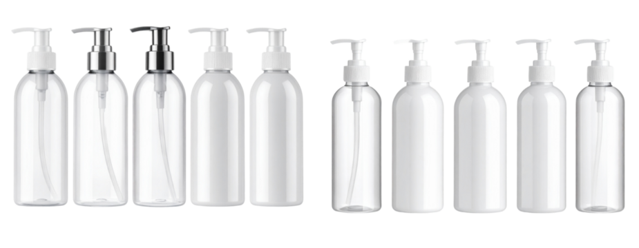 5 Plastic Dispenser Bottle Mockups Front and Side Views, Isolated on White Background