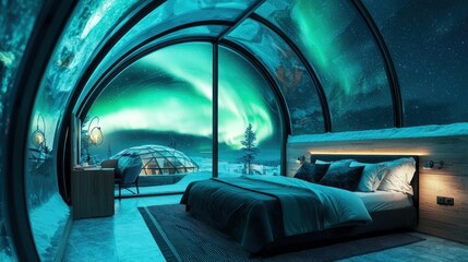 The Northern Lights dancing over an igloo hotel in Finland