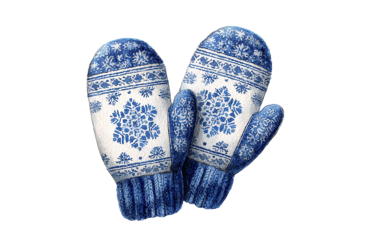 Hand-painted watercolor illustration of cozy winter mittens with blue snowflake design, isolated on transparent background for seasonal and holiday designs